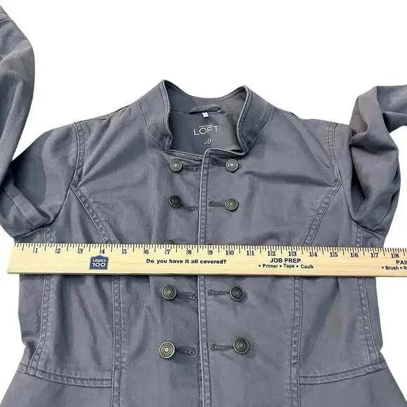 Ann Taylor Loft Military Style Denim Jacket 0 Gray Double Breasted Button Ruffle - Picture 7 of 8